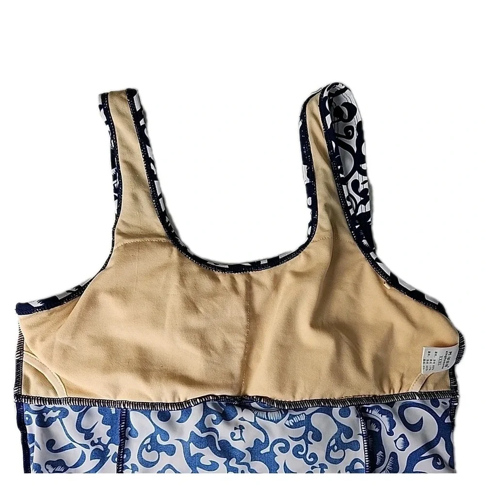 Women's Medium Tankini Swim Top‎ Blue/White Floral Soft Cup Stretch Classic EUC